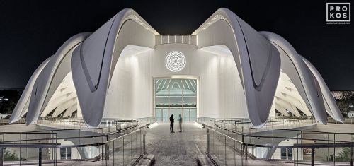 A view of the exterior of the UAE Pavilion at the Dubai World Expo at night, by architect Santiago Calatrava. Large-scale fine art prints of this photo are available up to 72 inches in width