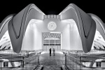 Black and white architectural photography of the UAE Pavilion at the Dubai World Expo at night. Fine art prints of this photo are available up to 72 inches in width and framed in contemporary styles. 