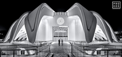 Black and white architectural photography of the UAE Pavilion at the Dubai World Expo at night. Fine art prints of this photo are available up to 72 inches in width and framed in contemporary styles. 
