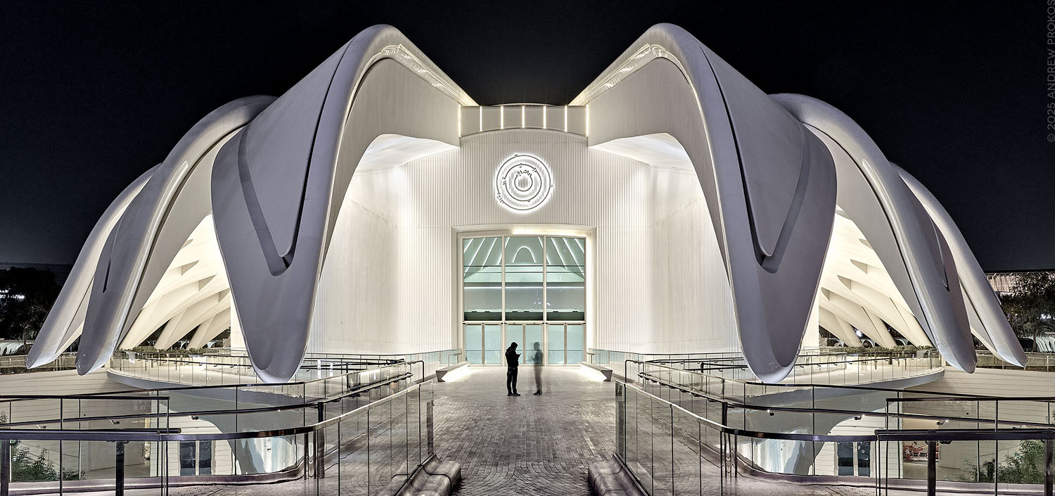 A view of the exterior of the UAE Pavilion at the Dubai World Expo at night, by architect Santiago Calatrava. Large-scale fine art prints of this photo are available up to 72 inches in width