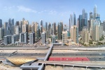 A high-definition panoramic view of the tall towers of Dubai Marina, United Arab Emirates. Large-scale fine art prints of this photo are available up to 120 inches in width and framed in various wood, metal, and acrylic styles.