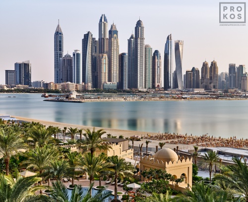 A long-exposure view of the Dubai Marina skyline as seen from Palm Jumeirah