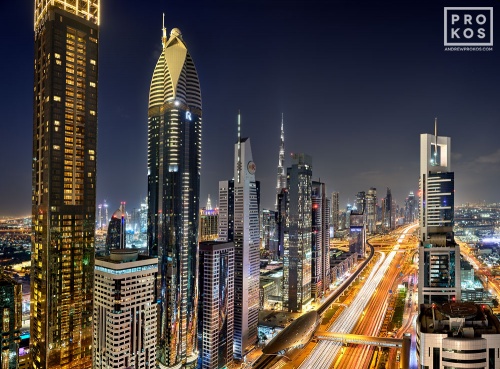 A night skyline of the skyscrapers along Sheikh Zayed Road, Dubai, UAE