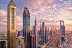 A view of the skyscrapers along Sheikh Zayed Road at sunset, Dubai, UAE