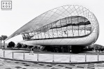 A black and white photo of the contemporary architecture of the Etihad Museum, Dubai, UAE