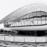 A black and white photo of the contemporary architecture of the Etihad Museum, Dubai, UAE