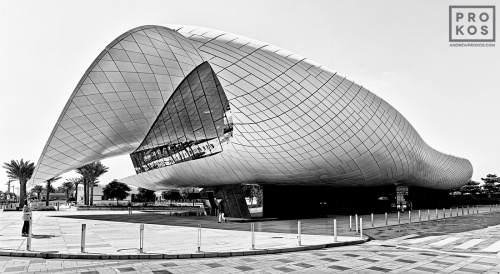 A black and white panoramic view of the contemporary architecture of the Etihad Museum, Dubai, UAE