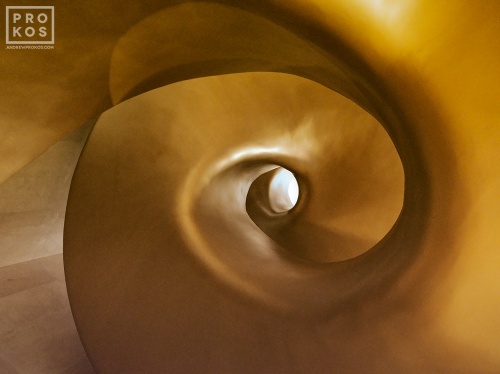 An architectural detail photo of the spiral staircase in the Etihad Museum, Dubai, UAE
