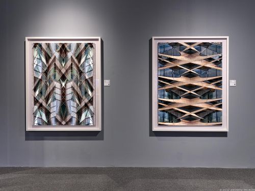 A pair of large-scale photographs from the series 'Metropolis Abstracted' in the 2022 solo exhibition 'Andrew Prokos: New Abstraction' in the United Arab Emirates