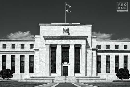 Black and white architectural photography of the Federal Reserve Eccles Building in Washington DC. Fine art prints of this photo are available framed in contemporary styles.