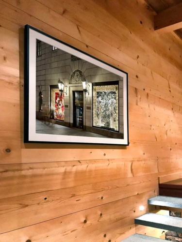 A 30x40 inch framed print of the Christmas windows on Fifth Avenue at night by photographer Andrew Prokos