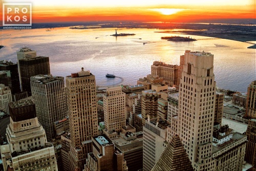 Aerial View of Lower Manhattan Skyscrapers and New York Harbor at Sunset I