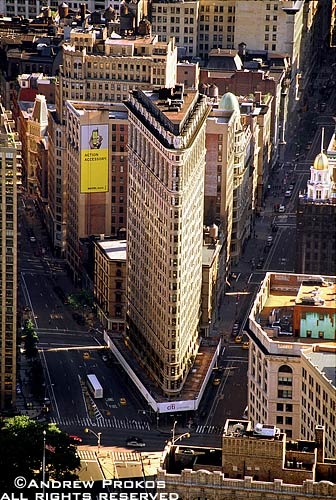 An aerial view of the Flatiron Building and surrounding buildings in Manhattan, NYC