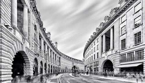 A black and white high-definition photo of Regent Street, London by fine art photographer Andrew Prokos captured in multiple two minute long exposures.