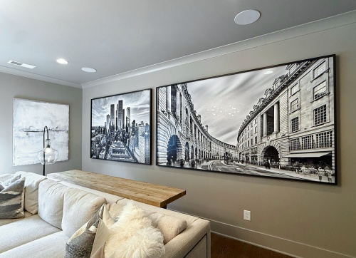 Framed large format black and white photographs of Flux Regius, London and Hudson Yards Cityscape, New York at 55x72 and 55x96 inches by photographer Andrew Prokos installed in a luxury residence.