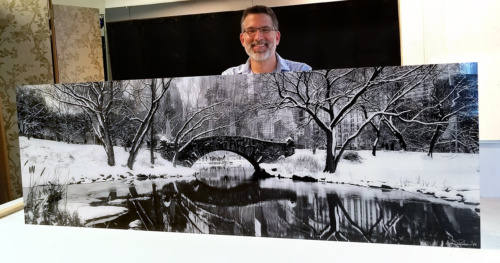 A 72 inch panoramic view of Central Park's Gapstow Bridge in winter, New York City. Gallery mounted with 1/4 acrylic.