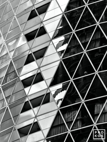 Black and white photography of a geometric architectural facade in Dubai seen close-up. Fine art prints of this photo are available framed in contemporary styles.