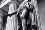A black and white fine art photo of the bronze statue of George Washington at Federal Hall on Wall Street, New York City