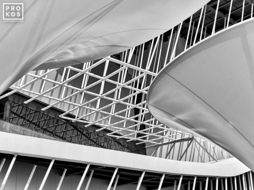 Black and white architectural photography of the steel support structure from the Germany Pavilion at the Dubai World Expo. Large-scale fine art prints of this photo are available up to 60 inches and framed in contemporary styles. 
