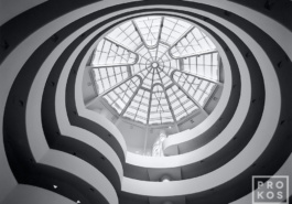 Interior view of the Guggenheim Museum in New York City in black and white