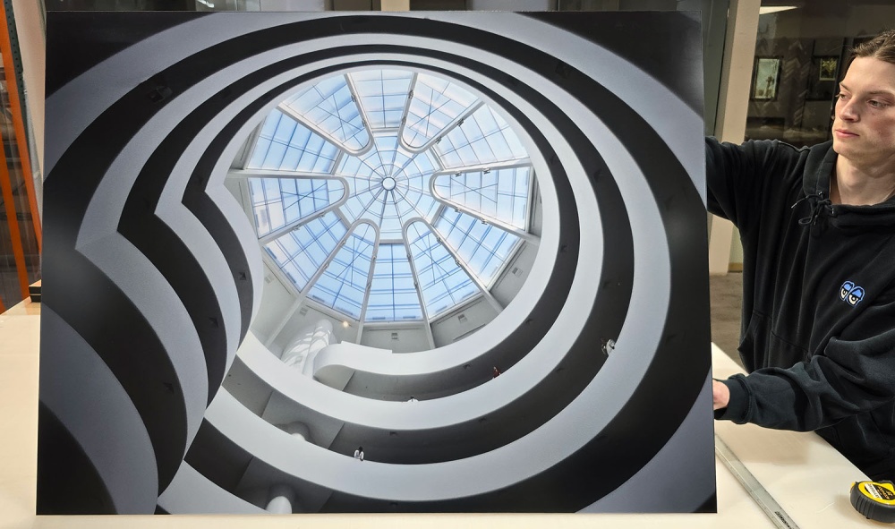 A color architectural photograph of the Guggenheim Museum interior by photographer Andrew Prokos. 50 inches with matte acrylic float mount.
