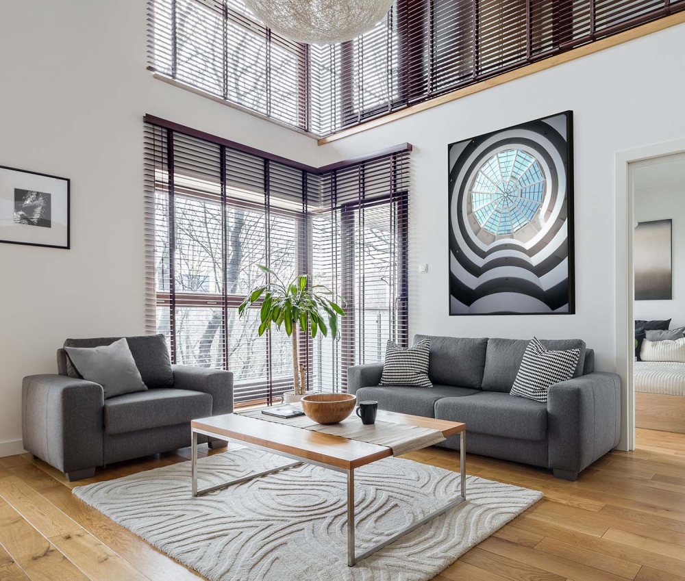 A limited edition framed photograph of the rotunda interior of the Guggenheim Museum in New York City by fine art photographer Andrew Prokos as seen in a luxury home.