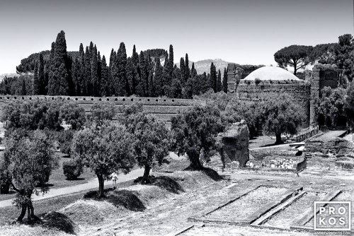 A black and white landscape photo from Hadrian's Villa near Tivoli, Italy