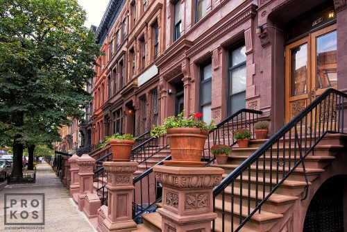 A fine art architectural photo of a block of elegant Brownstones in the Mt. Morris section of Harlem, New York City