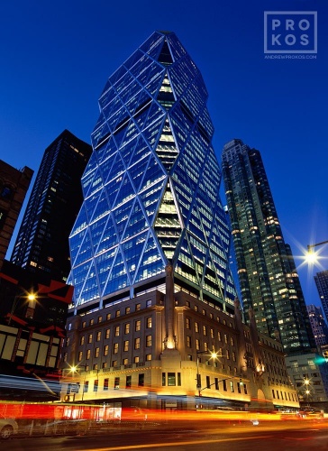 A dusk view of Hearst Tower by Foster + Partners, New York City.