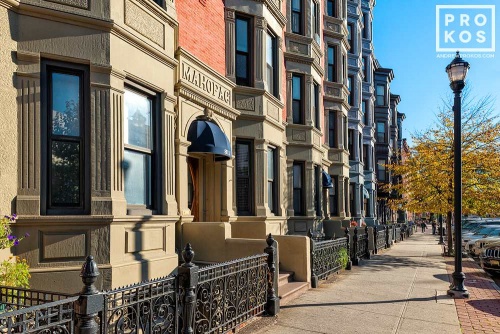 An architectural photo of the facades along Washington Street in Hoboken, New Jersey