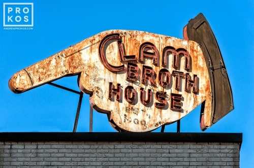 An abandoned sign reading "Clam Broth House" in Hoboken, New Jersey