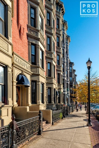 An architectural photo of the facades along Washington Street in Hoboken, New Jersey