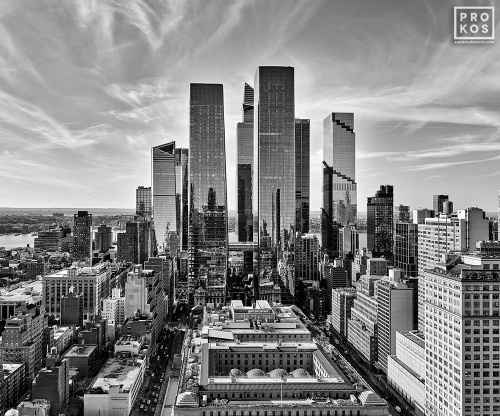 A black and white view of the towers of Hudson Yards and Manhattan West as seen during the day. High-definition Fine art prints of this photo are available up to 96 inches in width