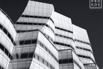 A black and white fine art architectural photo of the exterior of the IAC Building in New York City