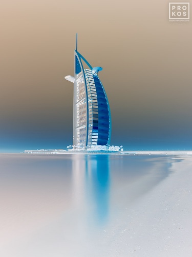 A landscape showing the Burj al Arab in Dubai, UAE rising from the Persian Gulf captured with a five minuted long-exposure, from Andrew's conceptual photo series Inverted. Limited edition prints of this photo are available up to 80 inches in height.