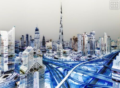 A fine art photograph of the Burj Khalifa and Downtown Dubai cityscape from Andrew's conceptual photography series "Inverted UAE". Framed limited edition prints of this photo are available up to 80 inches in width