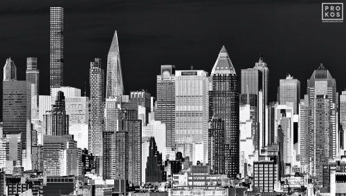Black and white photograph of the skyscrapers of Midtown Manhattan from the series 'Inverted NYC' by photographer Andrew Prokos