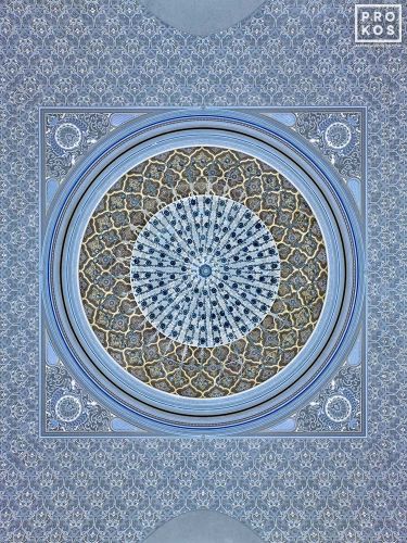 A chandelier and ornate Islamic style coffered ceiling from the Qasr al Watan in Abu Dhabi. From the conceptual fine art photography series Inverted by photographer Andrew Prokos