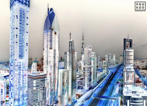 A fine art photograph of the towers of Sheikh Zayed Road in Dubai from Andrew's conceptual photography series "Inverted UAE". Framed limited edition prints of this photo are available up to 80 inches in width