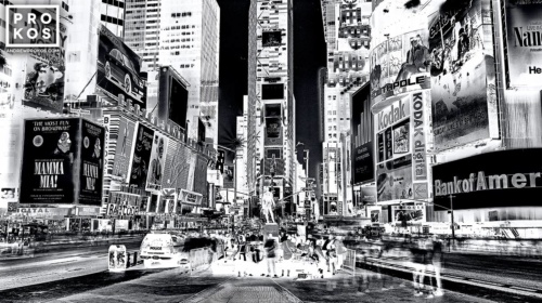 A large-format black and white photograph of Times Square at night, from Andrew's fine art series Inverted.