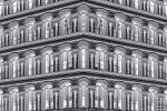Black and white negative-image photography of a columned cast-iron facade in Tribeca, NYC, from Andrew's award-winning photography series Inverted. Limited edition prints of this photo are available up to 120 inches in width.