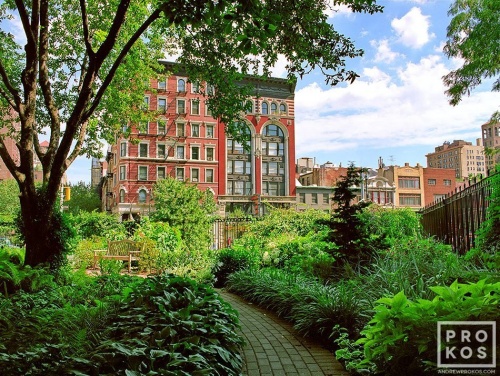 A view of Jefferson Market garden in Greenwich Village in summer, New York City. Framed fine art prints of this photo are available in various sizes. 