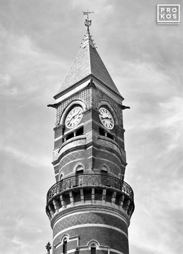Black and white architecture photography of the clock tower of Jefferson Market Library in Greenwich Village, New York City. Fine art prints of this photo are available framed in contemporary styles. 