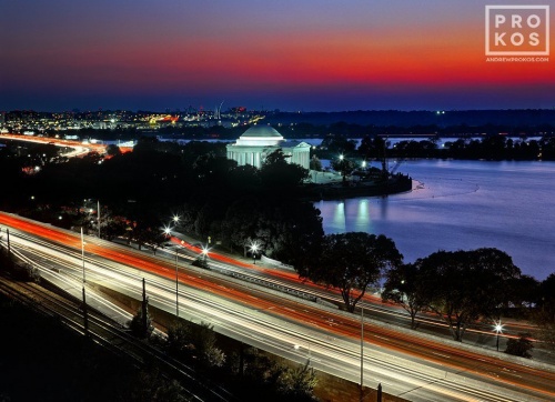 A long-exposure cityscape photo of the Jefferson Memorial and Tidal Basin at dusk, Washington DC
