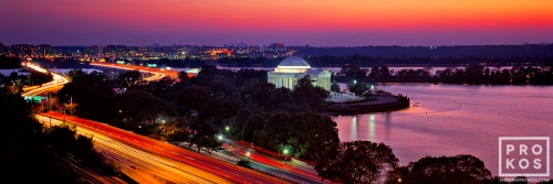 A panoramic view of the Jefferson Memorial and Tidal Basin at dusk, Washington DC
