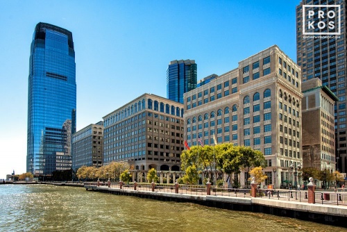 A waterfront view of Exchange Place in Jersey City, New Jersey
