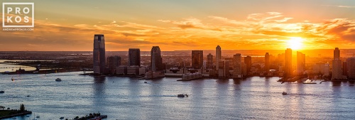 A high-definition panoramic view of Jersey City, New Jersey and the Hudson River at sunset. Fine art prints of this photo are available framed in various styles. 