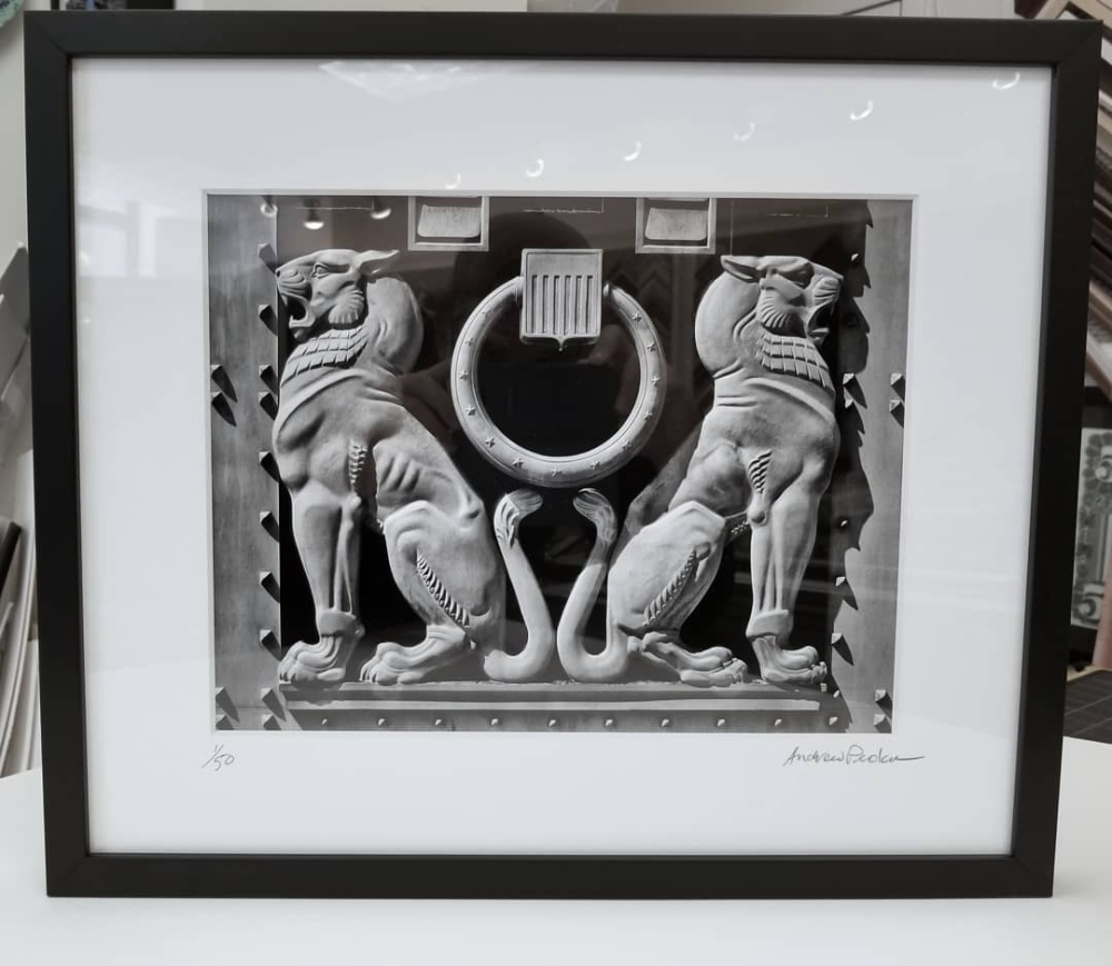 Justice Department Art Deco Lions - Black & White Matted and Framed Photo by Andrew Prokos