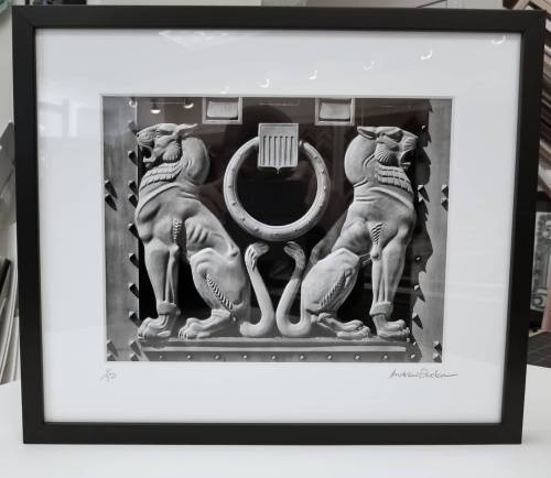 Justice Department Art Deco Lions - Black & White Matted and Framed Photo by Andrew Prokos