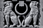 A black and white architectural detail photo of two lions from the doors of the US Justice Department in Washington DC